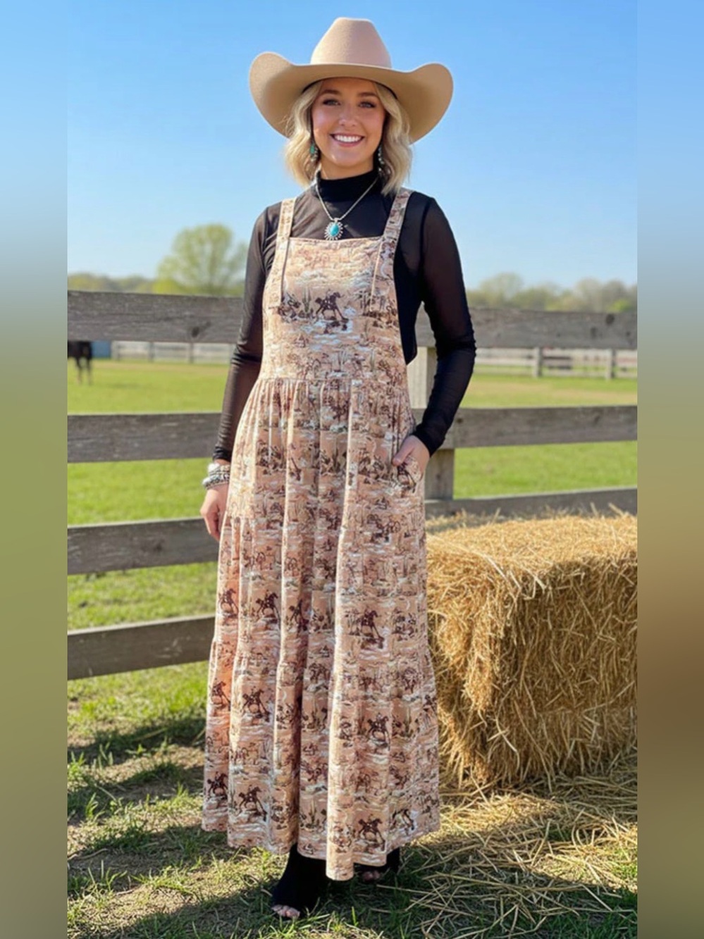 Farmhouse Print Pinafore Maxi Dress in Beige